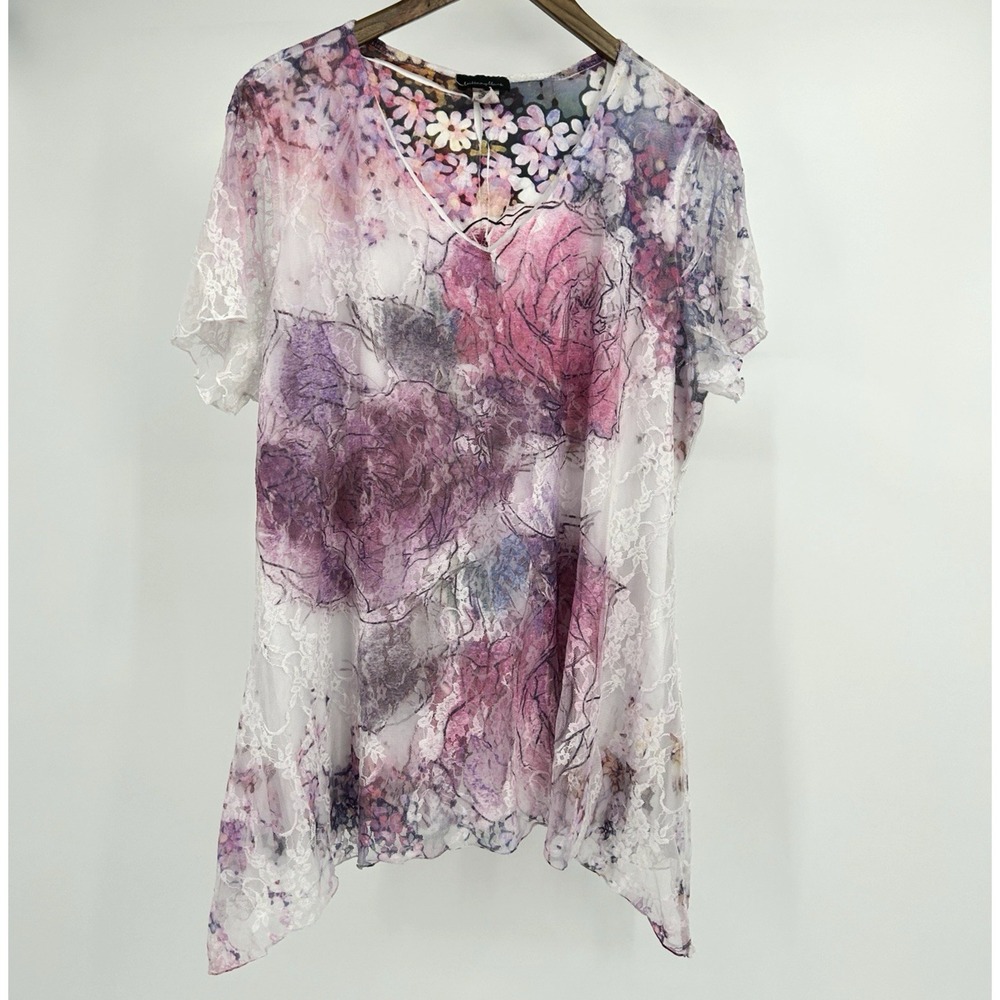 VTG Y2K Fairy Top Womens 2X Sheer Lined Floral Whimsical Romantic Shark Bite Hem